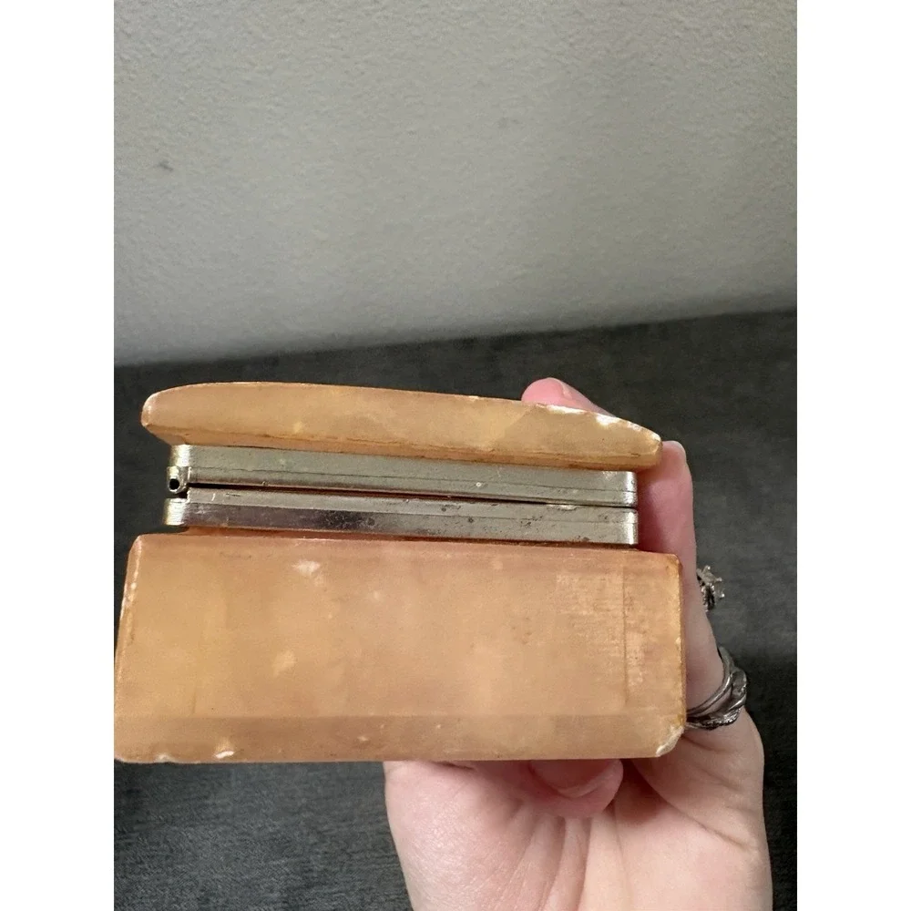 Vintage‎ Italian Pink Alabaster Jewelry Trinket Box Painted Floral Lid Italy